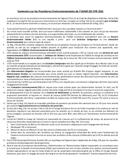 Sommaire (non officiel) sur les Procédures Environnementales de l'USAID (22 CFR 216)