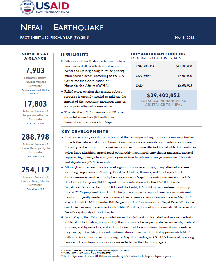 Nepal Earthquake Fact Sheet #10 - 05-08-2015