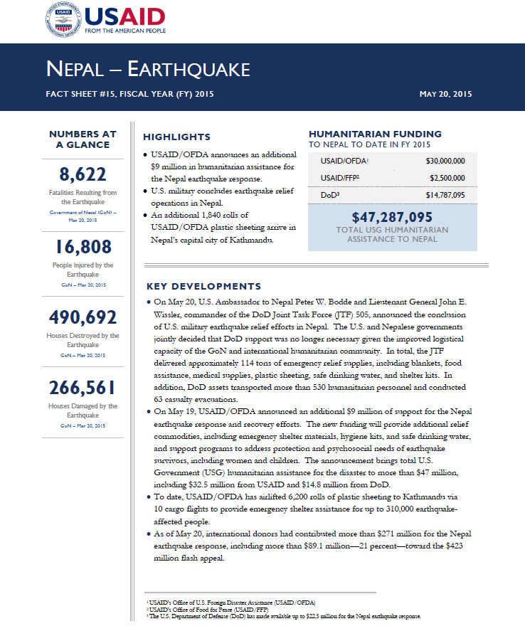 Nepal Earthquake Fact Sheet #15 - 05-20-2015