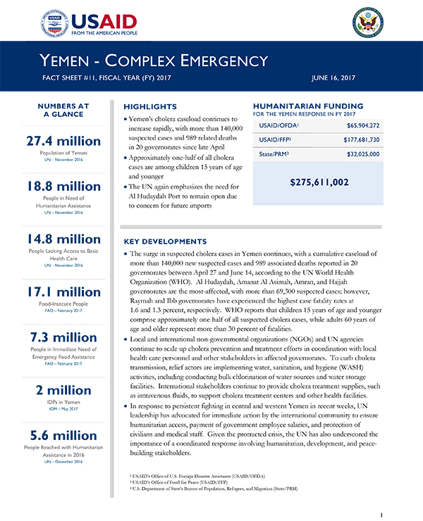 Yemen Complex Emergency Fact Sheet #11 - 06-16-2017