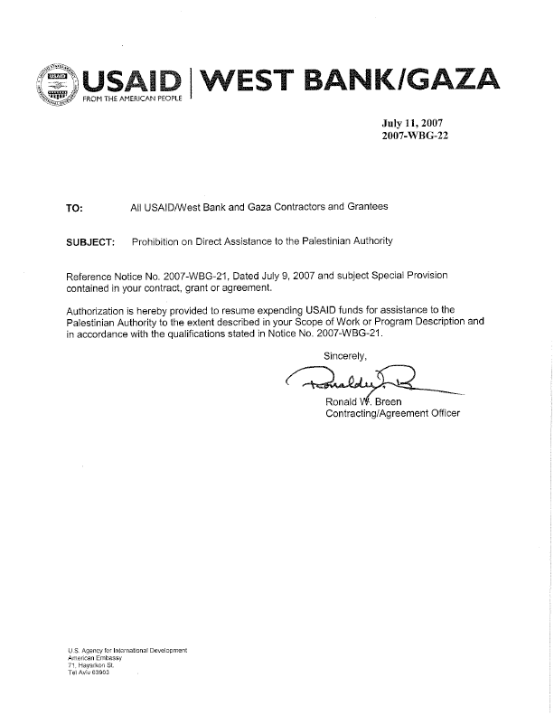 2007-WBG-22: Prohibition on Direct Assistance to the Palestinian Authority