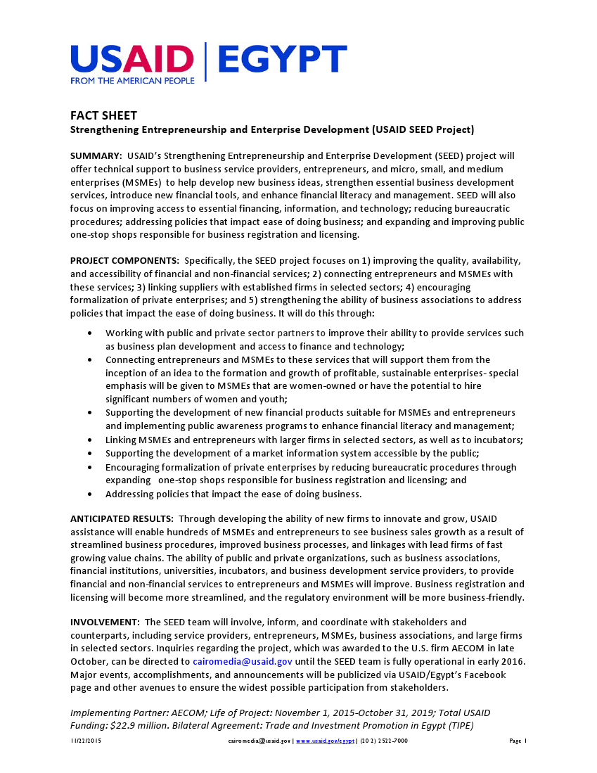 Fact Sheet: Strengthening Entrepreneurship and Enterprise Development (SEED)