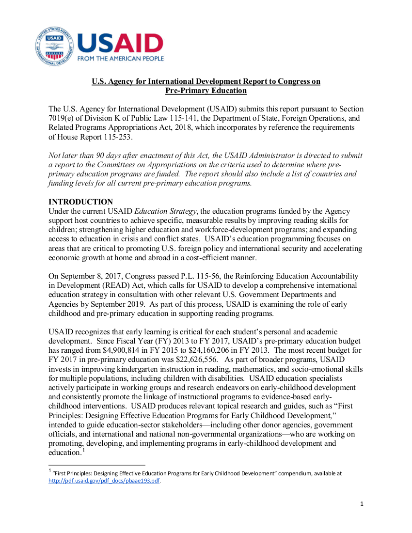 U.S. Agency for International Development Report to Congress on  Pre-Primary Education 
