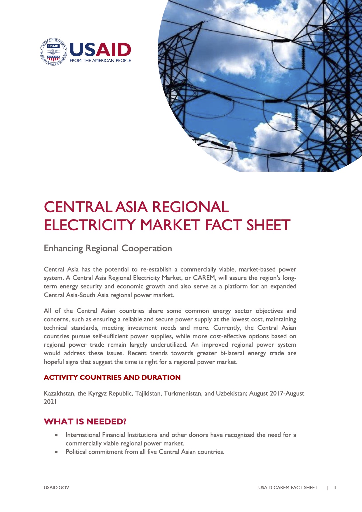Central Asia Regional Electricity Market Fact Sheet