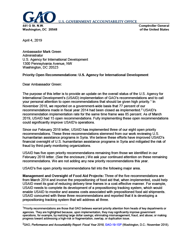 GAO-19-421SP: Priority Open Recommendations: U.S. Agency for International Development