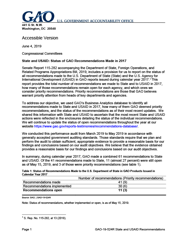 GAO-19-524R: Status of GAO Recommendations Made in 2017
