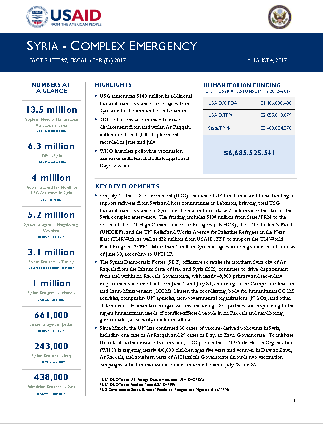 Syria Complex Emergency - Fact Sheet #7 2017