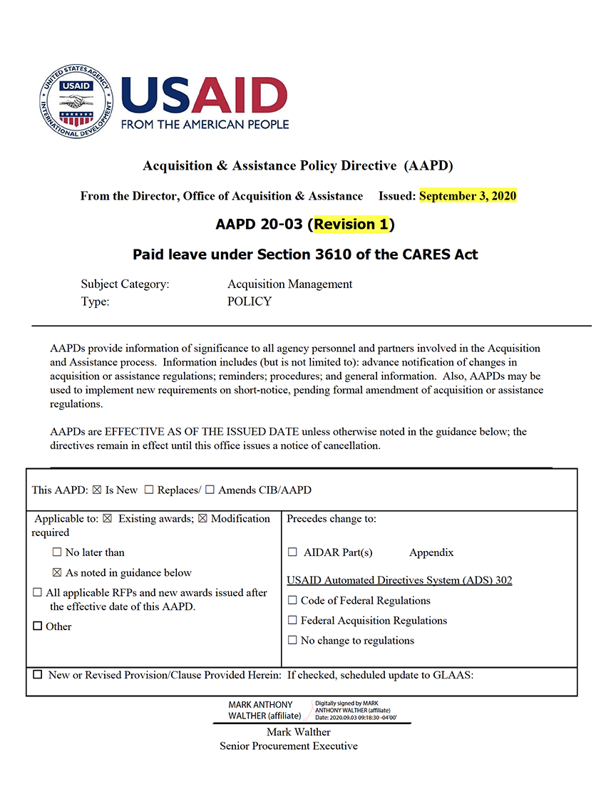 AAPD 20-03 Rev1: Paid leave under Section 3610 of the CARES Act
