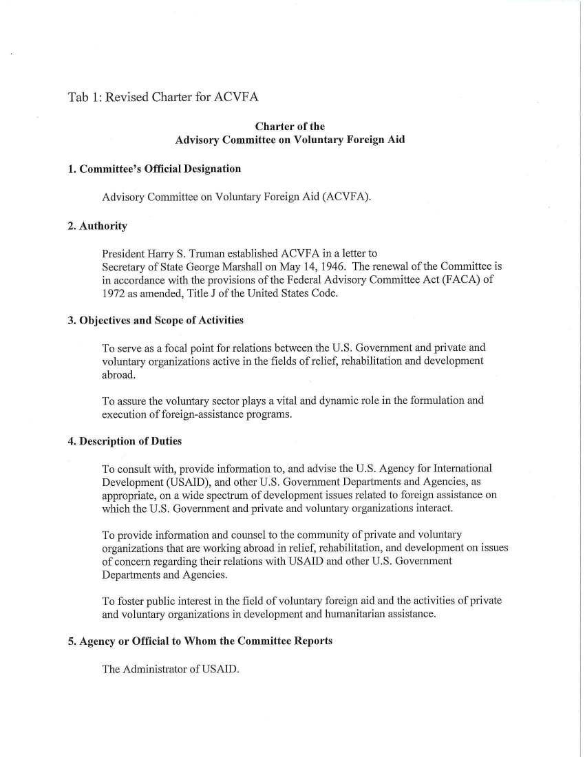 Charter of the Advisory Committee on Voluntary Foreign Aid - April 2019