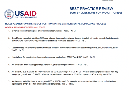 Best Practice Review: Survey Questions for Practitioners