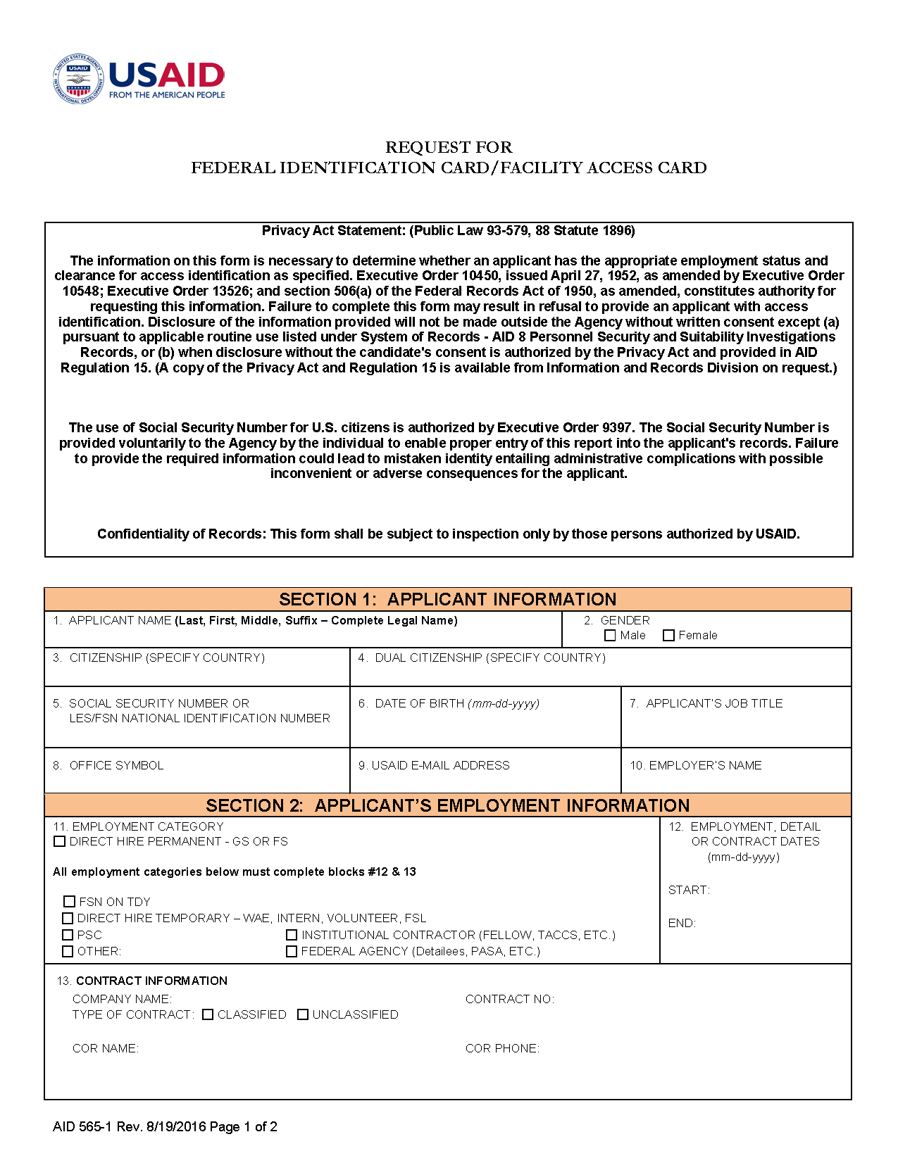 AID 565-1 (Request for Federal Identification Card / Facility Access Card)