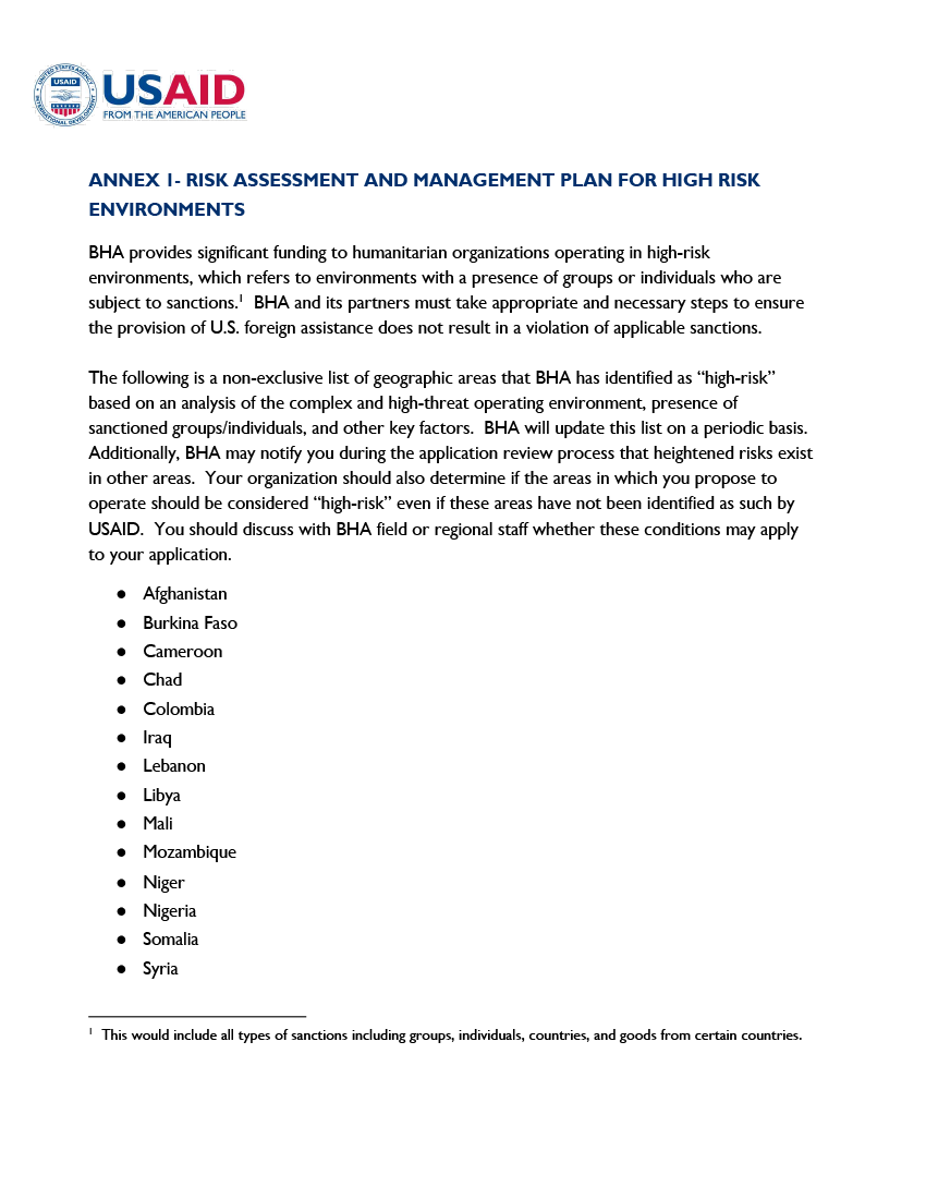 Annex 1 - Risk Assessment and Management Plan for High-Risk Environments