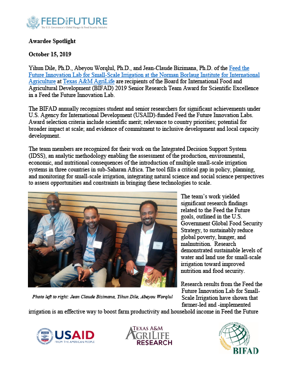 BIFAD Senior Reseach Team Award for Scientific Excellence in a Feed the Future Innovation Lab: Drs. Dile, Worqlul, Bizimana