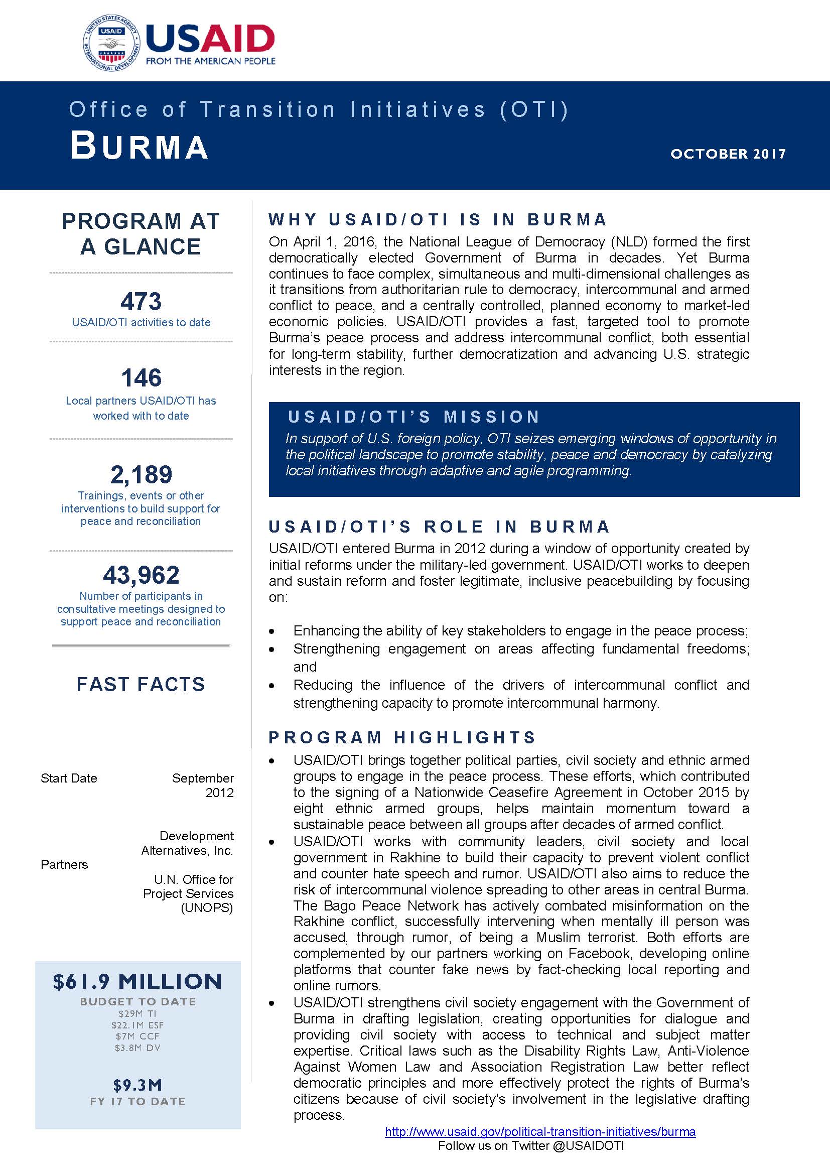 Burma Transition Initiatives 2017 Fact Sheet