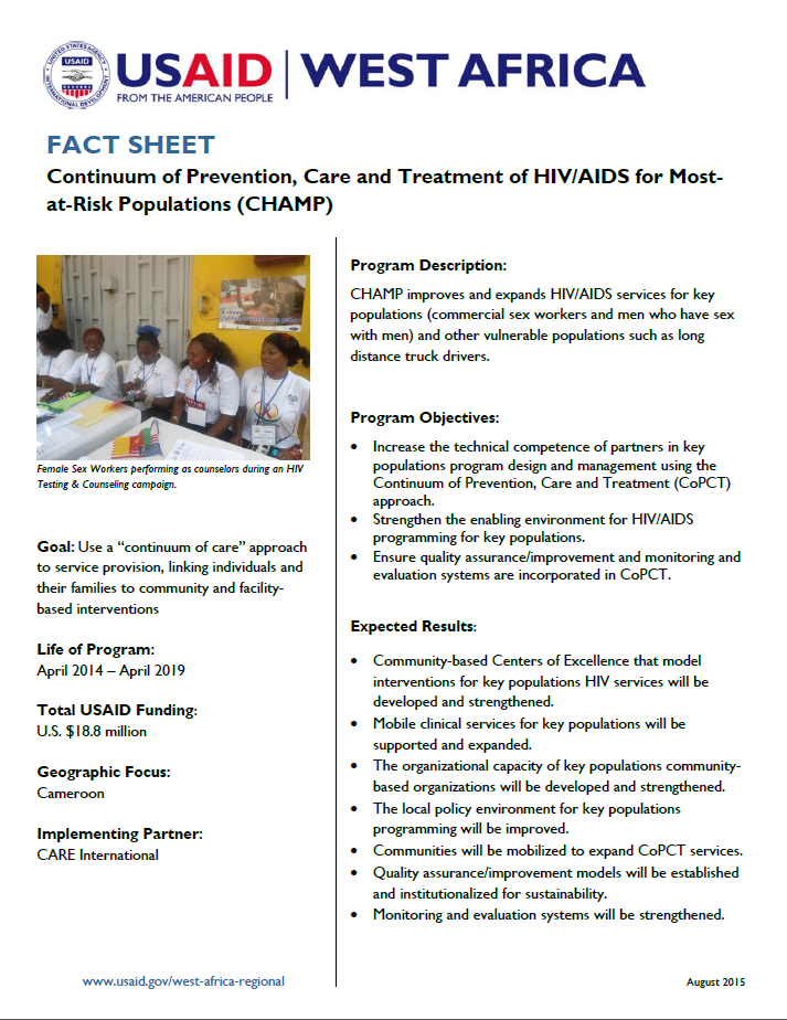 Fact Sheet on Continuum of Prevention, Care and Treatment of HIV/AIDS for Most-at-Risk Populations (CHAMP) 