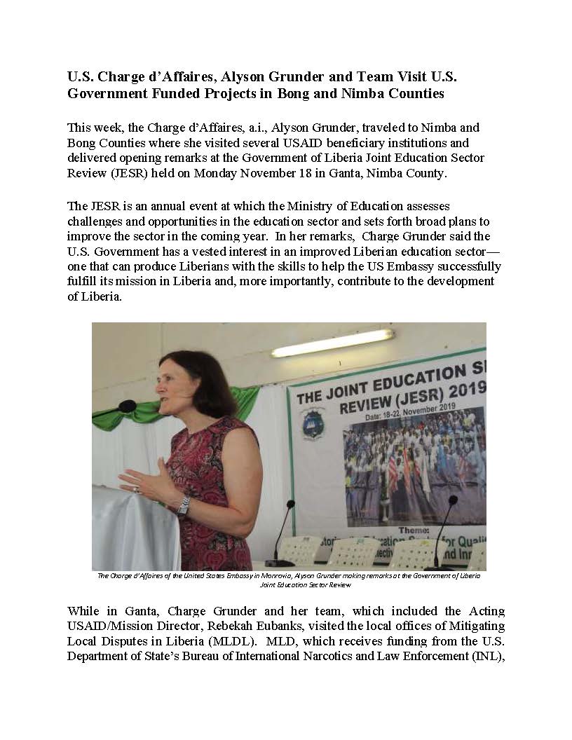 U.S. Charge d’Affaires, Alyson Grunder and Team Visit U.S. Government Funded Projects in Bong and Nimba Counties
