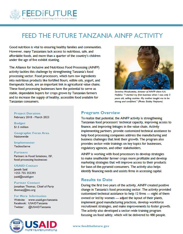 Feed the Future Tanzania - The Alliance for Inclusive and Nutritious Food Processing (AINFP) - Fact Sheet