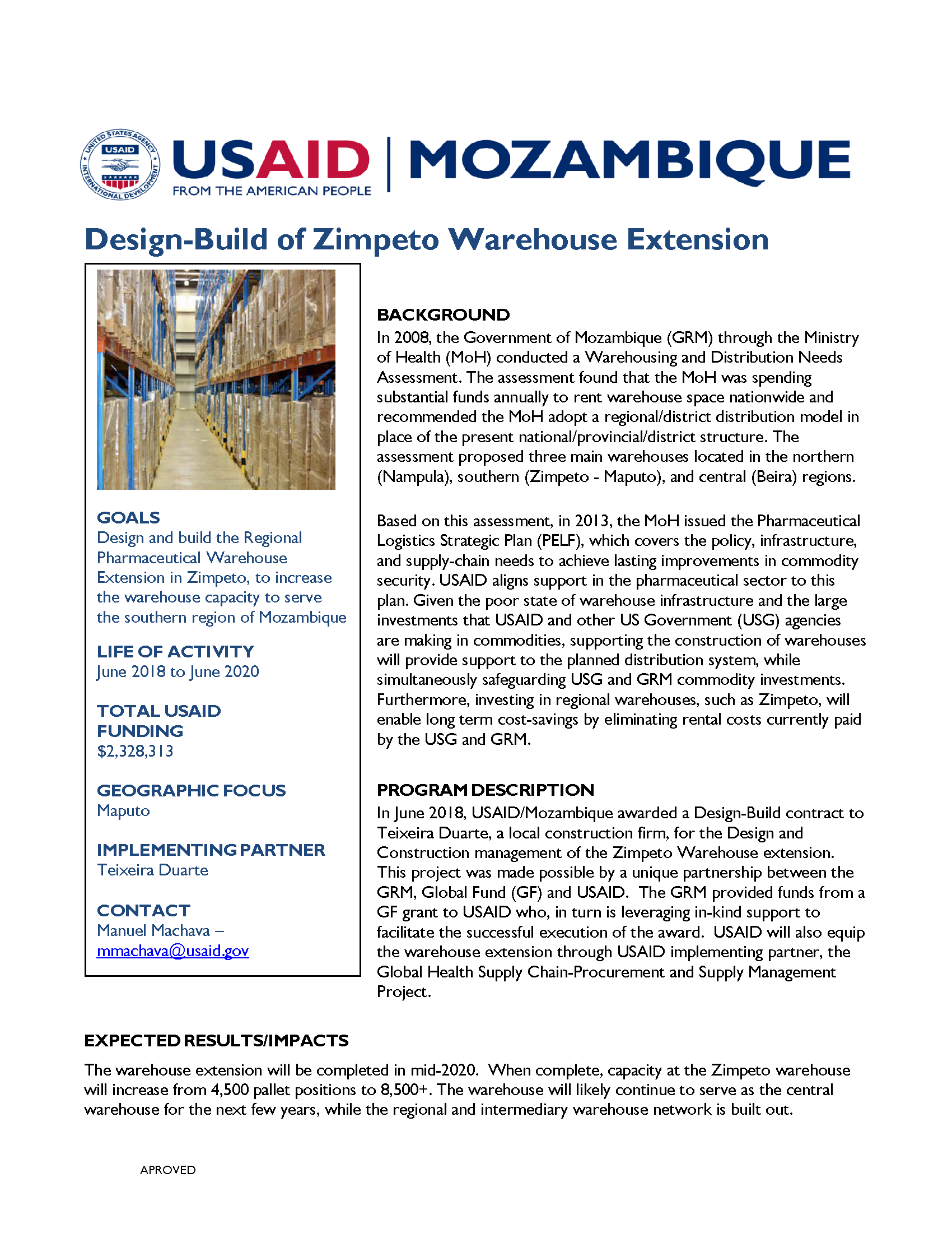 Design-Build of Zimpeto Warehouse Extension Fact Sheet