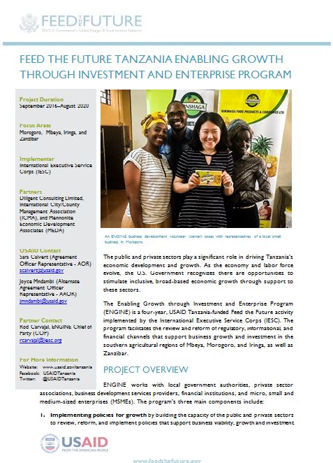 Feed the Future Tanzania Enabling Growth through Investment and Enterprise (ENGINE) Program Fact Sheet