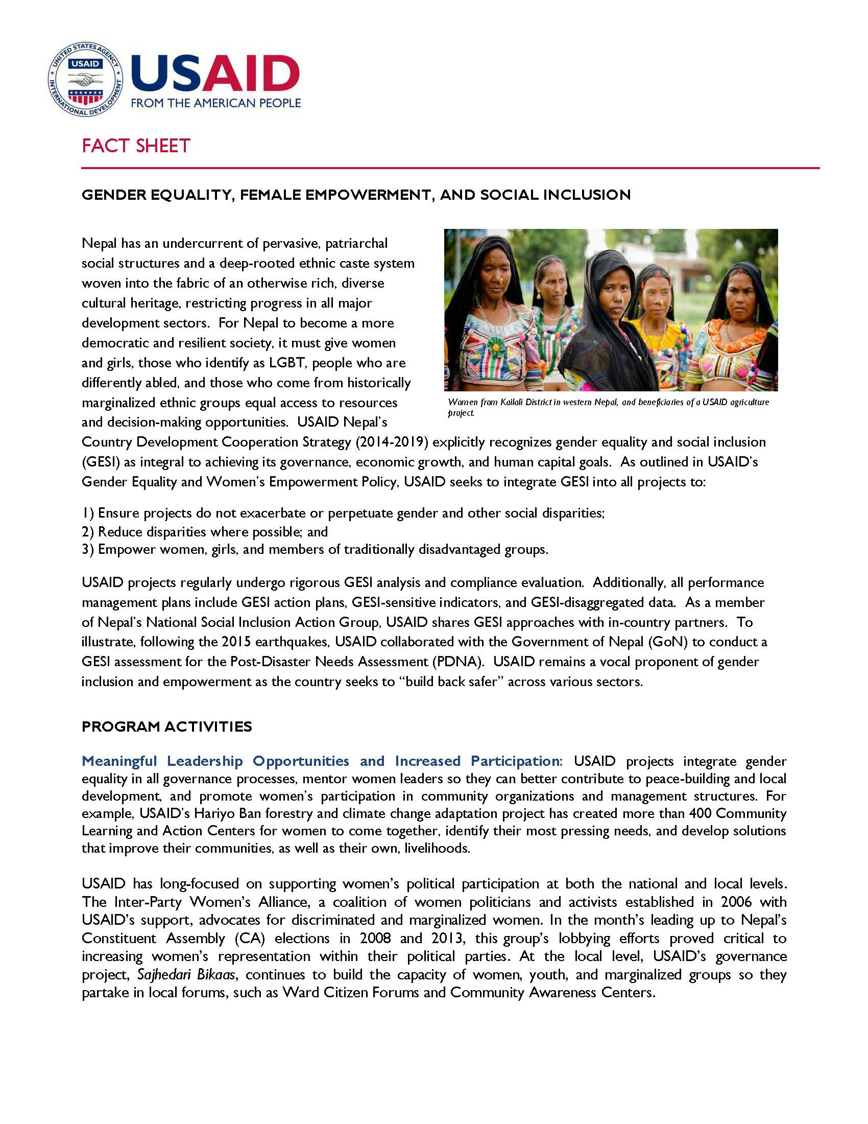 Fact Sheet: Gender Equality, Female Empowerment, and Social Inclusion