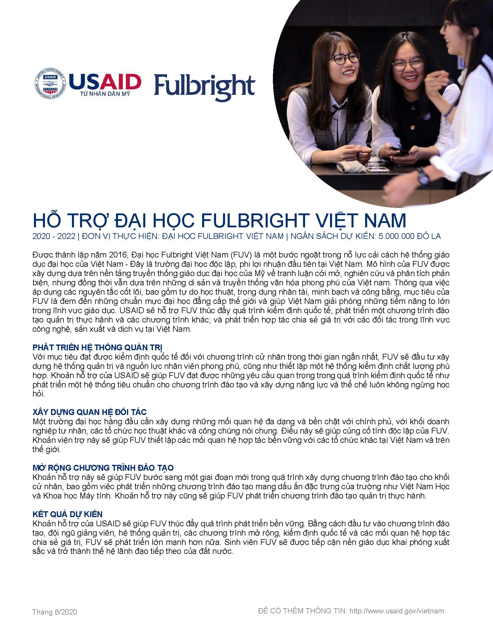 Tờ thông tin: Hỗ trợ Đại học Fulbright Việt Nam (FUV)