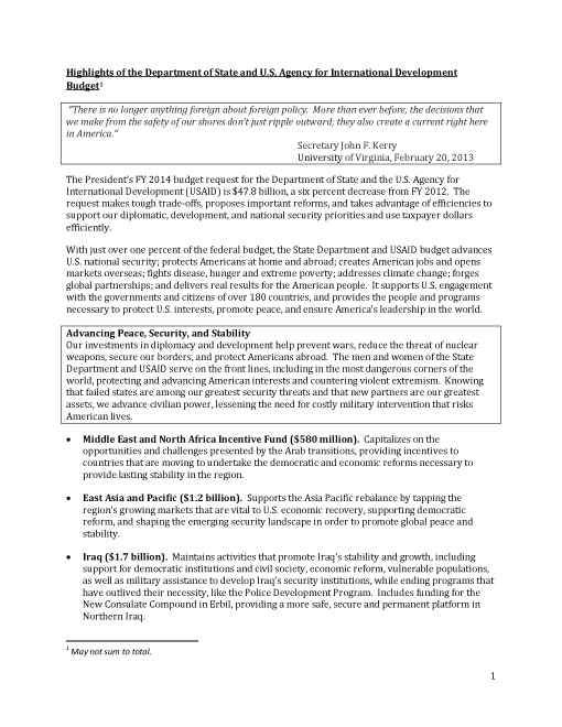 Highlights of the Department of State and U.S. Agency for International Development Budget