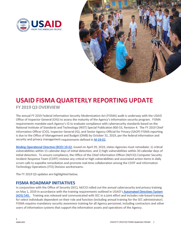 FISMA Quarterly Reporting Update - FY 2019 Quarter 3