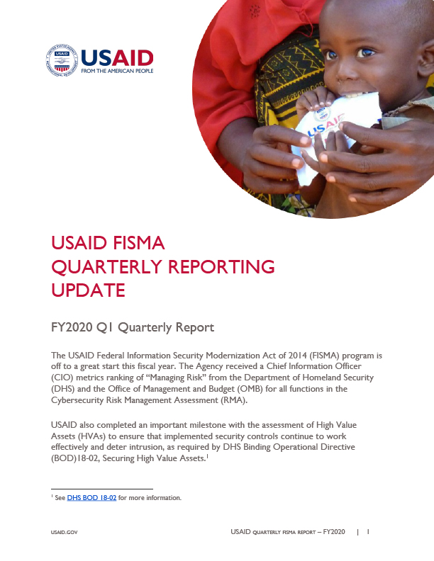 FISMA Quarterly Reporting Update - FY 2020 Quarter 1