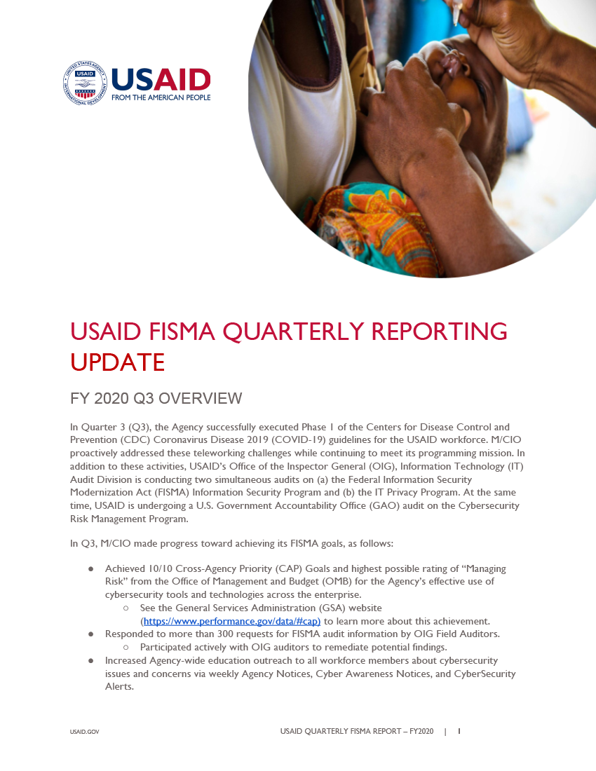 FISMA Quarterly Reporting Update - FY 2020 Quarter 3