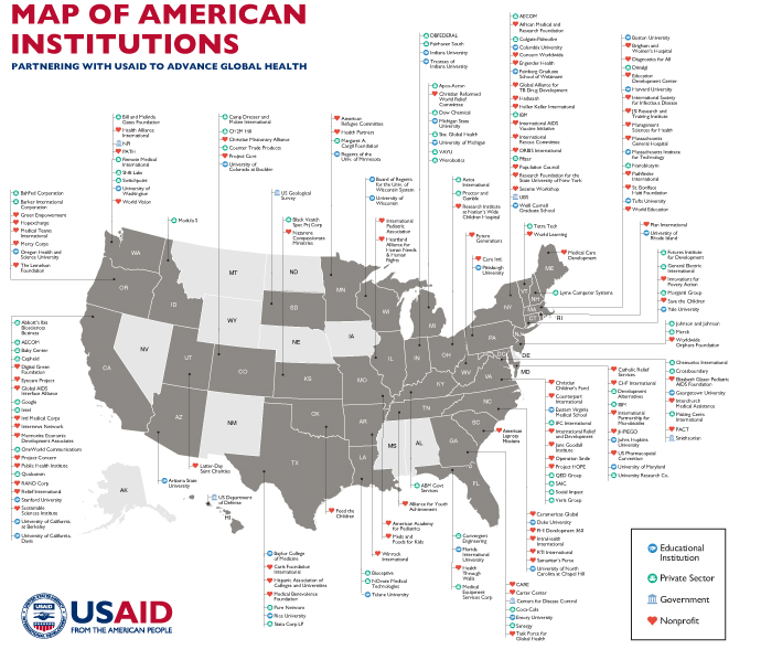 Map of American Institutions Partnering with USAID to Advance Global Health