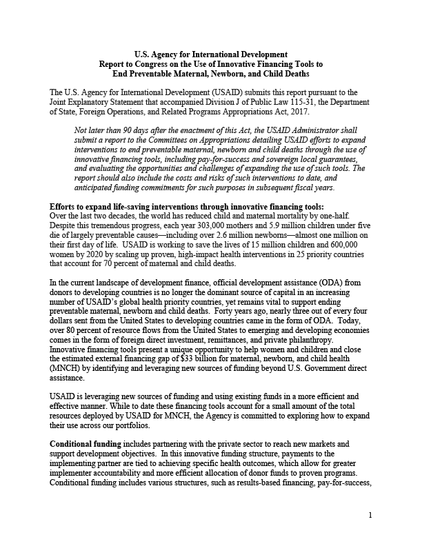 Report to Congress on the Use of Innovative Financing Tools to End Preventable Maternal, Newborn, and Child Deaths - FY2016