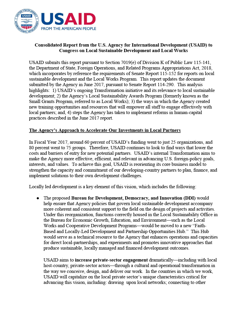 Consolidated Report from the USAID to Congress on Local Sustainable Development and Local Works