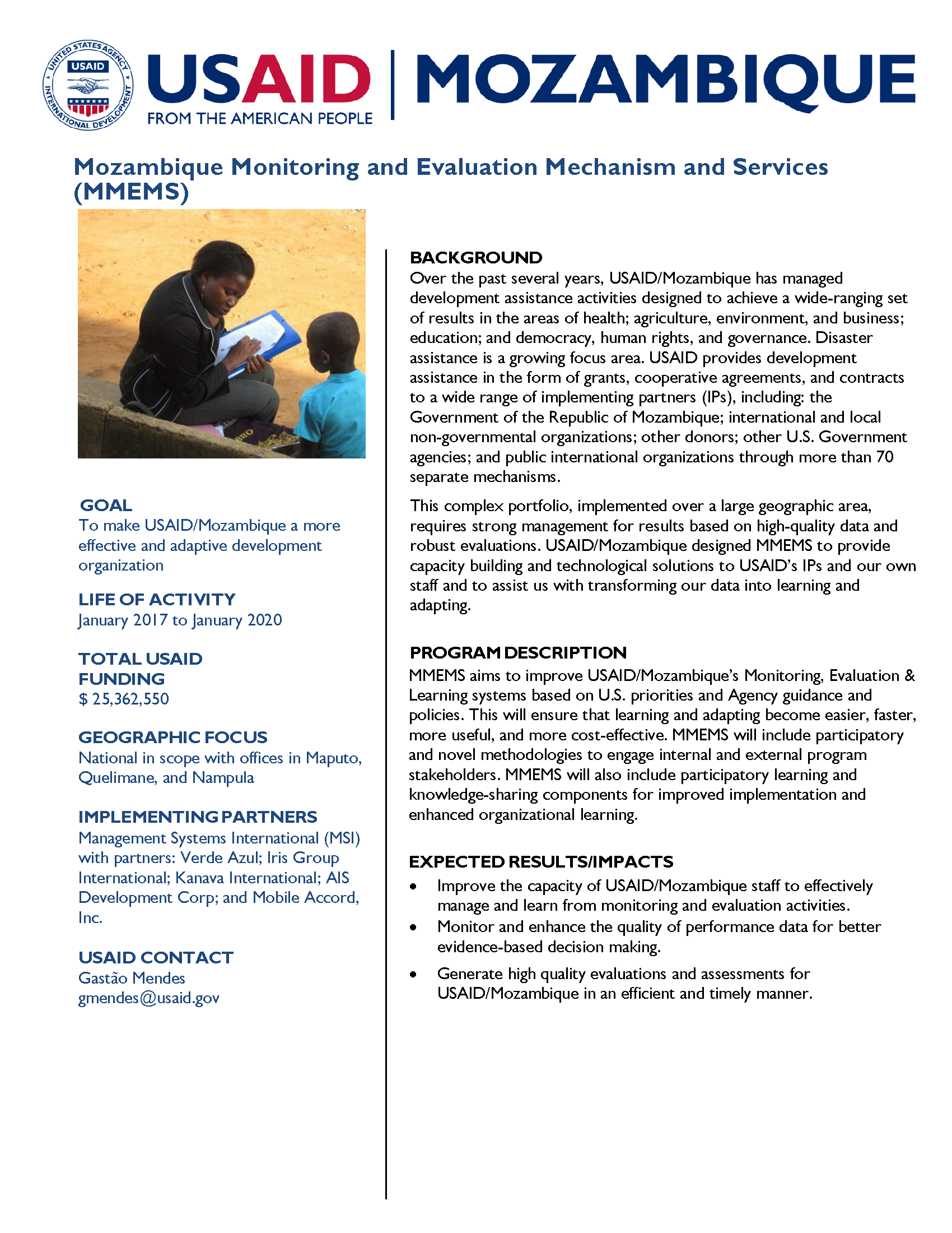 Mozambique Monitoring and Evaluation Mechanism and Services Fact Sheet