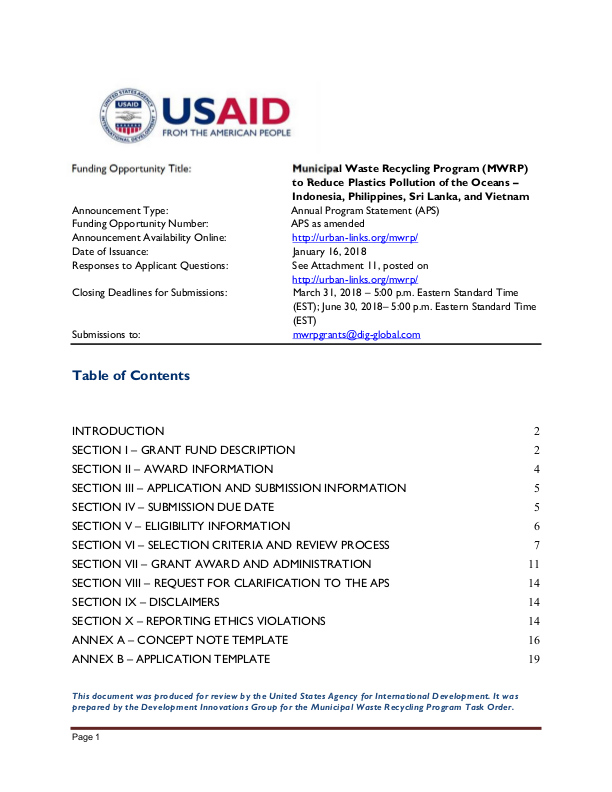 Municipal Waste Recycling Program to Reduce Plastics Pollution of the Oceans – Indonesia, Philippines, Sri Lanka, and Vietnam