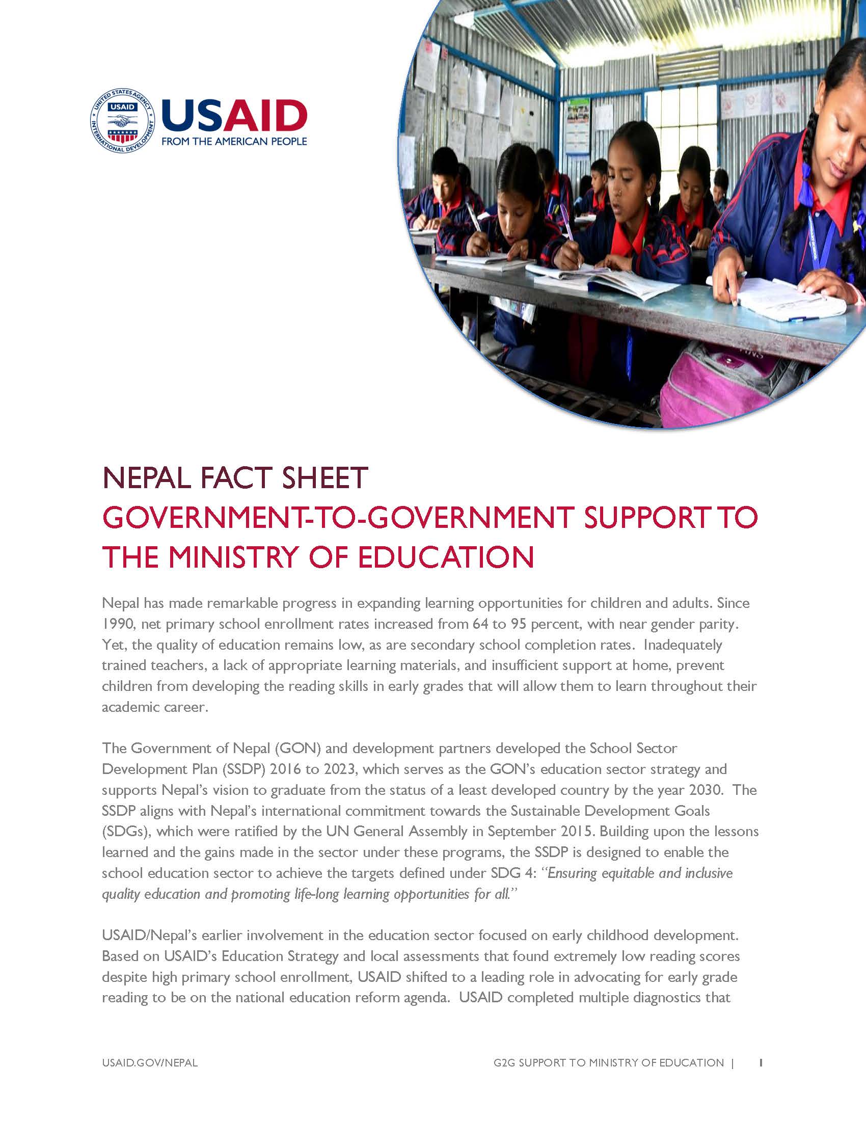Fact Sheet: GOVERNMENT-TO-GOVERNMENT SUPPORT TO THE MINISTRY OF EDUCATION