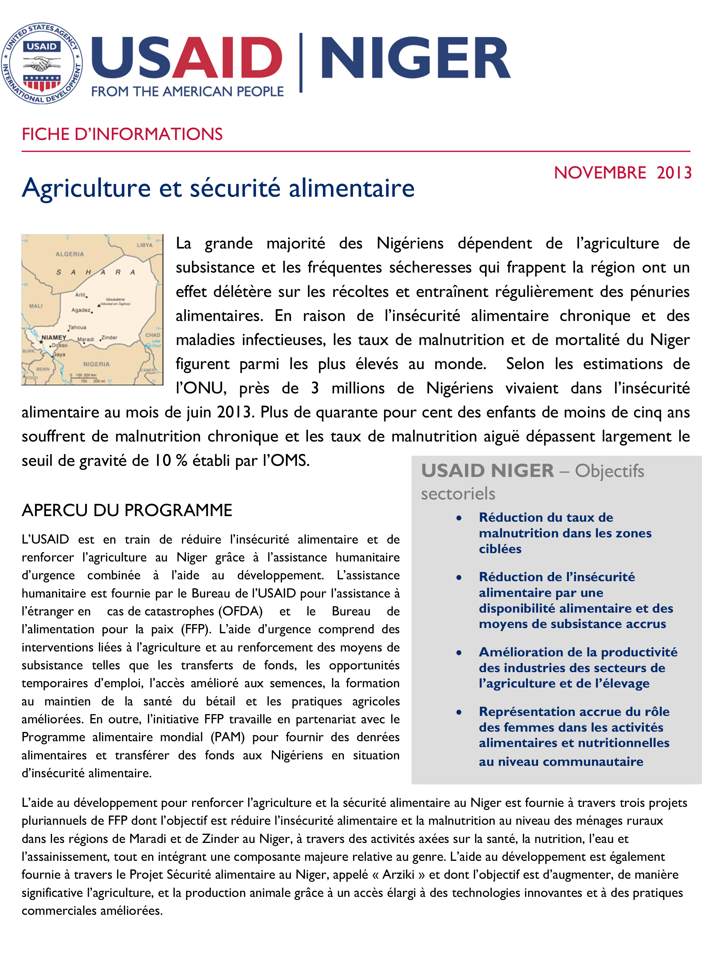 Une fiche d'informations téléchargeable et imprimable sur les projets agriculture et sécurité alimentaire de l'USAID au Niger.