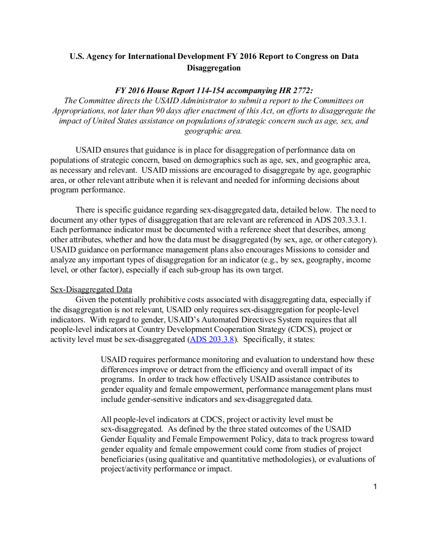 U.S. Agency for International Development FY 2016 Report to Congress on Data Disaggregation