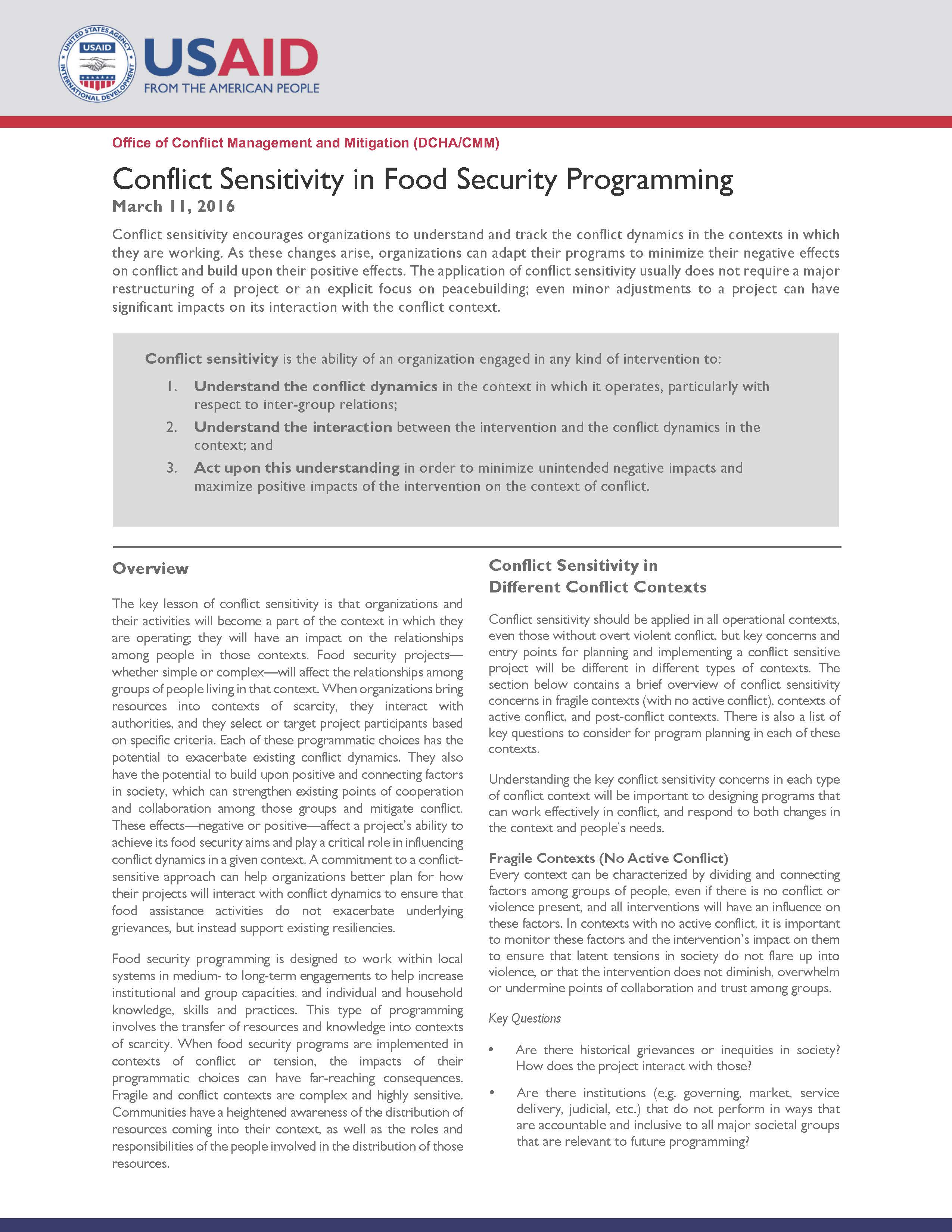 Conflict Sensitivity in Food Security Programming