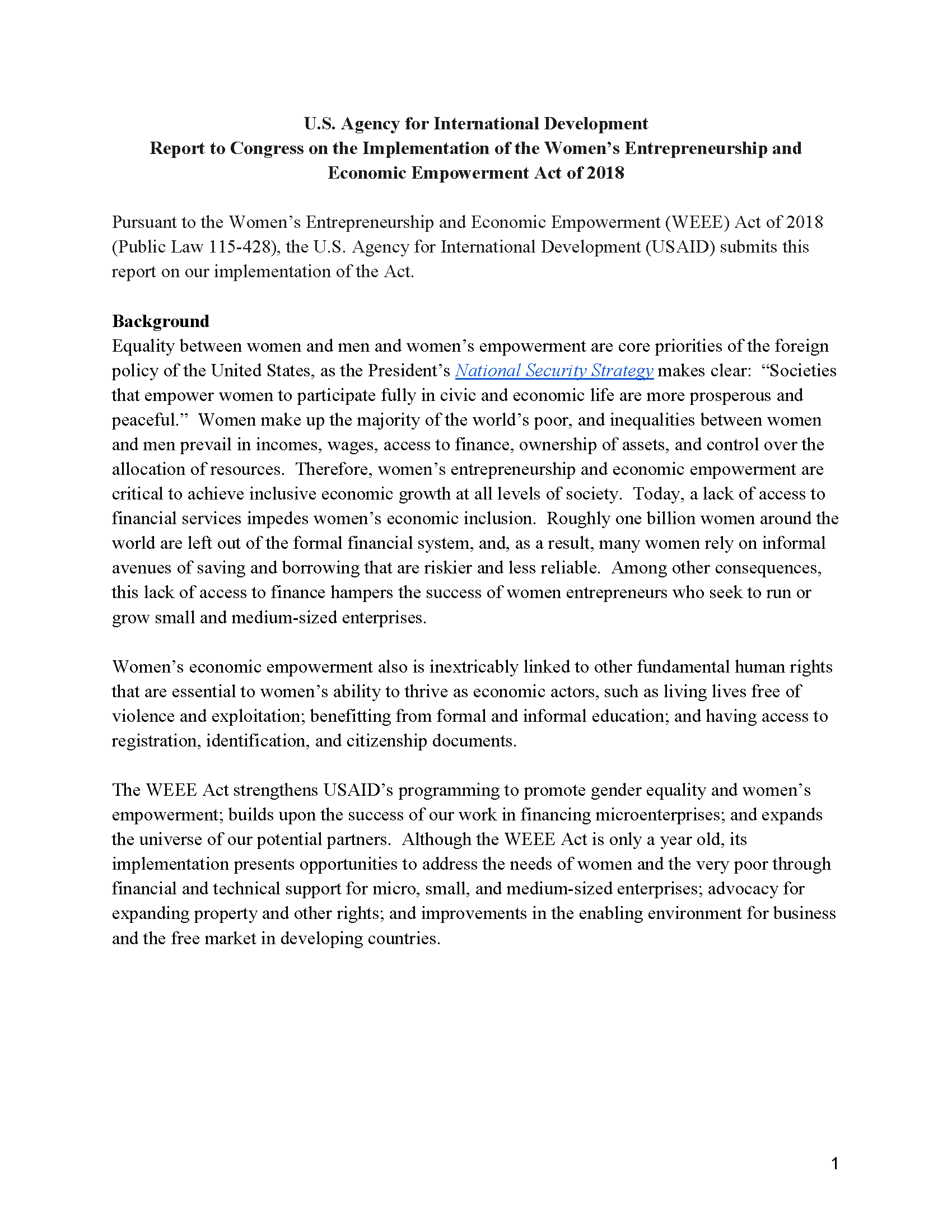 Report to Congress on the Implementation of the Women’s Entrepreneurship and Economic Empowerment Act of 2018