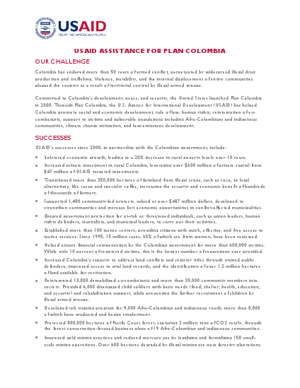 Fact Sheet: USAID Assistance for Plan Colombia