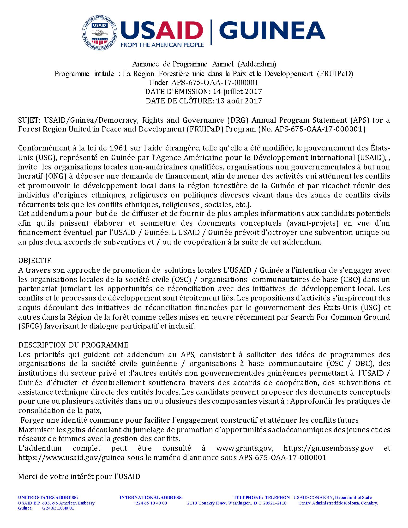 Guinea Annonce de Programme Annuel (Addendum) APS-675-OAA-17-000001