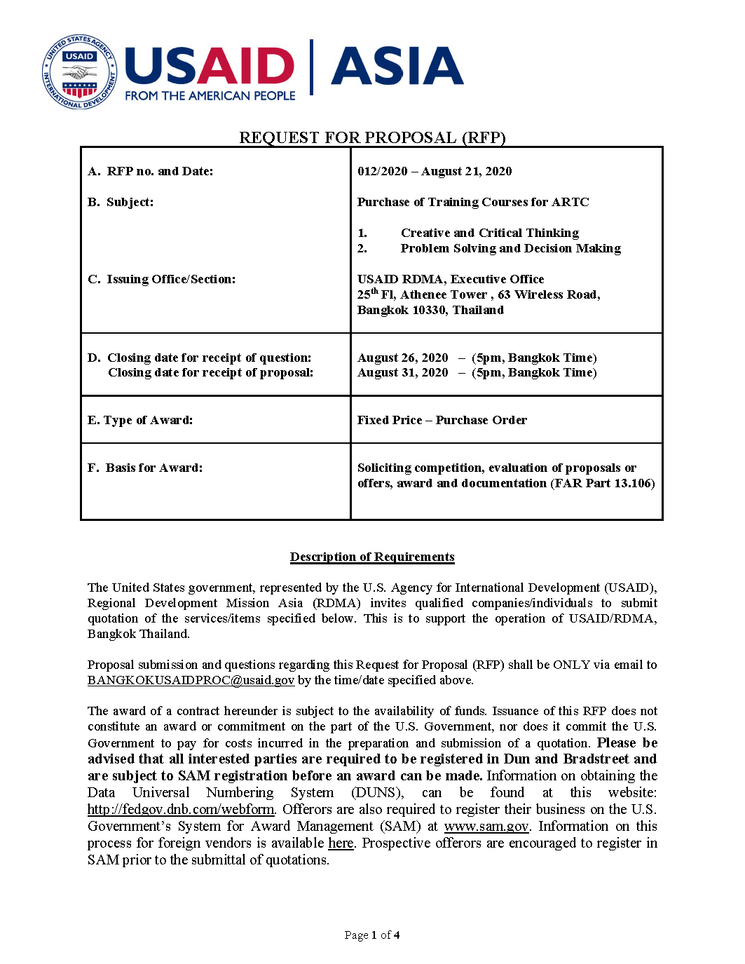 RFP012/2020 Purchase of Training Courses for ARTC: 1) Creative and Critical Thinking 2) Problem Solving and Decision Making