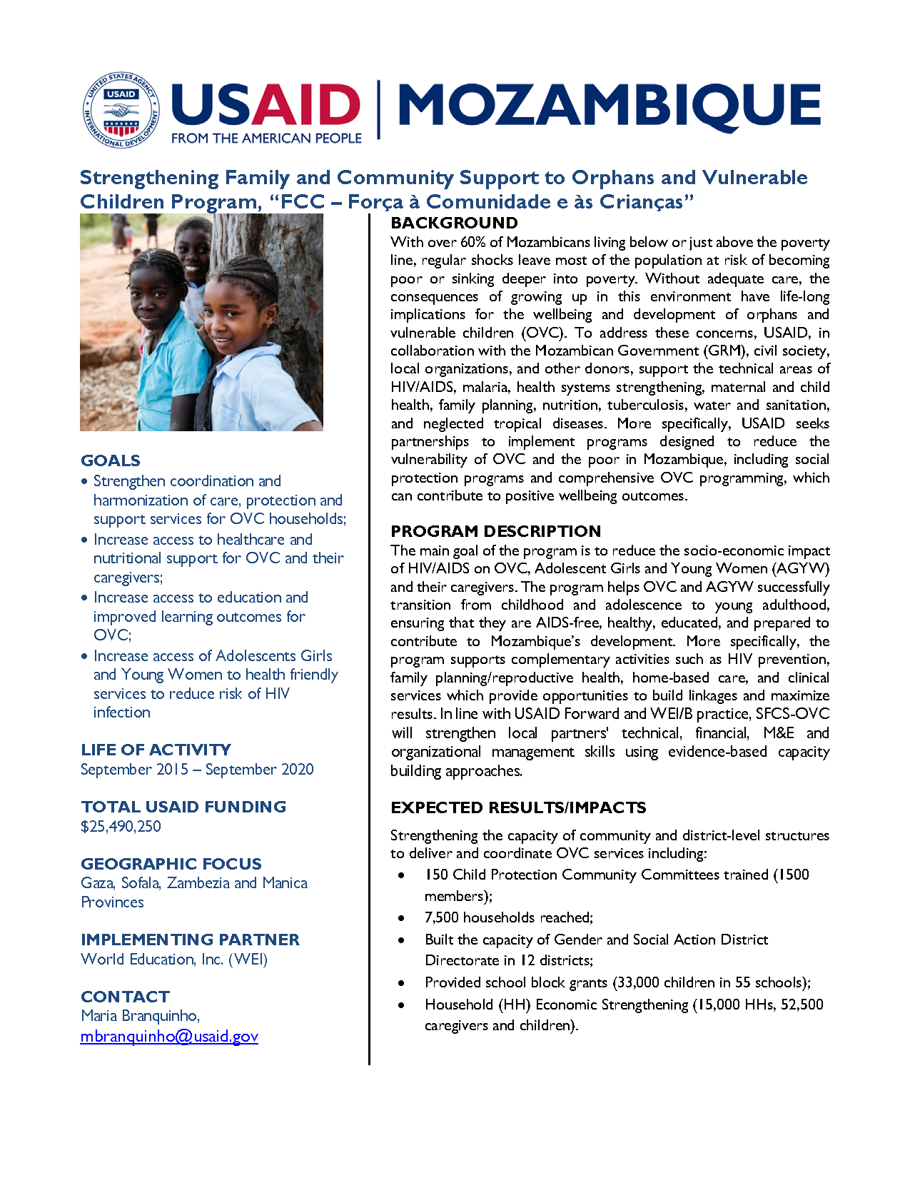 Strengthening Family and Community Support to Orphans and Vulnerable Children Program Fact Sheet