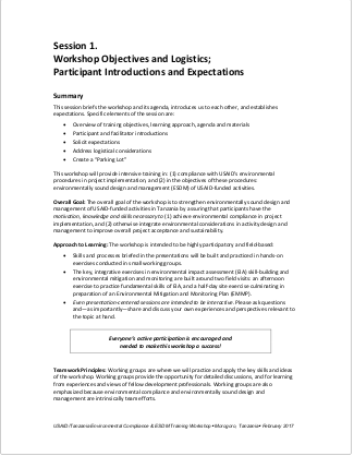 4.5-Day Basic EC-ESDM - Session 1: Workshop Objectives and Logistics; Participant Introduction and Expectations