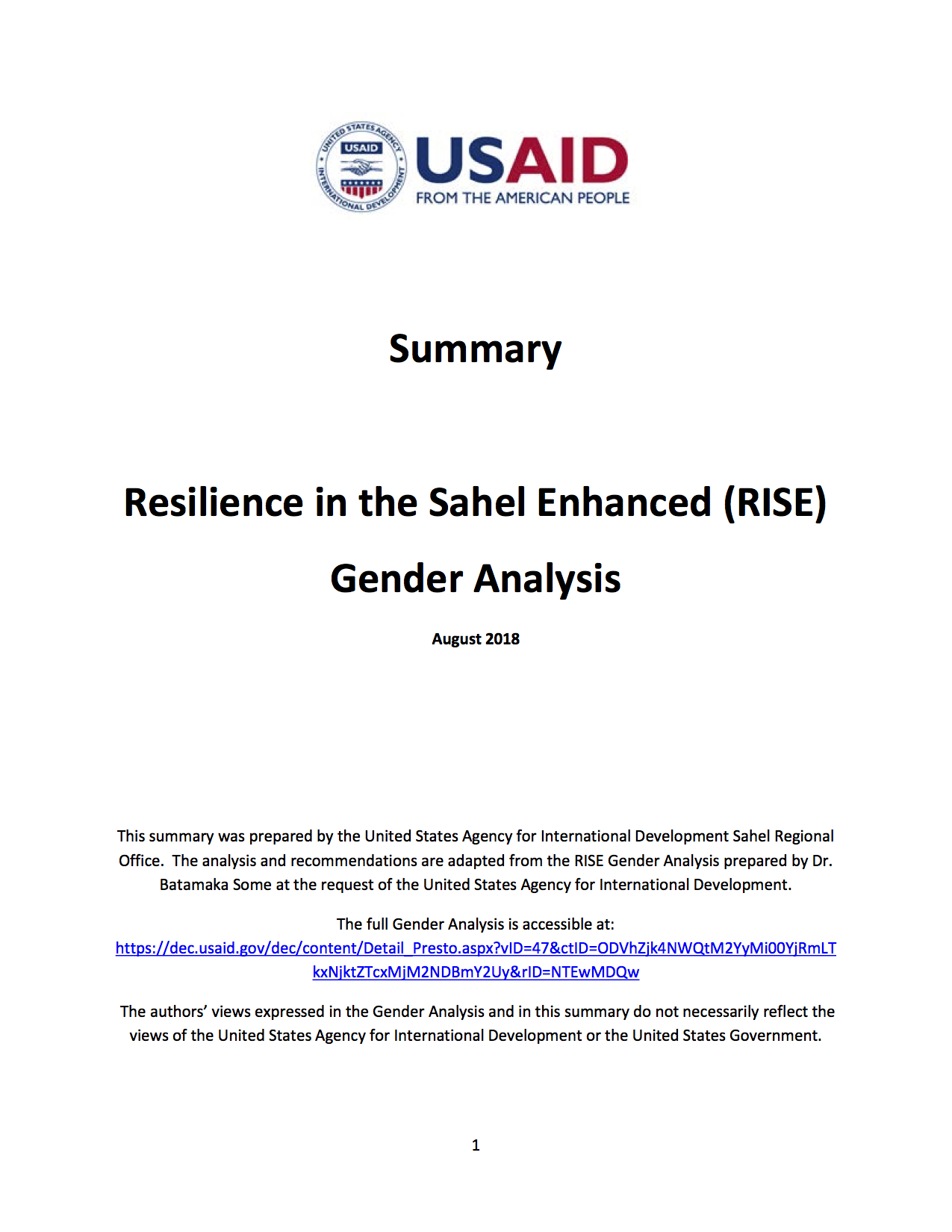 Summary of RISE Gender Analysis 2018