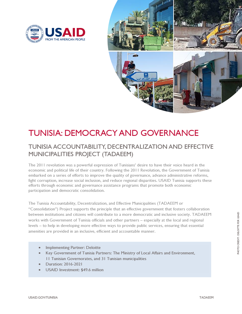 Tunisia Accountability, Decentralization, and Effective Municipalities (TADAEEM) Fact Sheet - Click to download