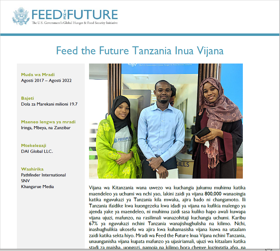 Taarifa ya Feed the Future Tanzania Inua Vijana (Advancing Youth)
