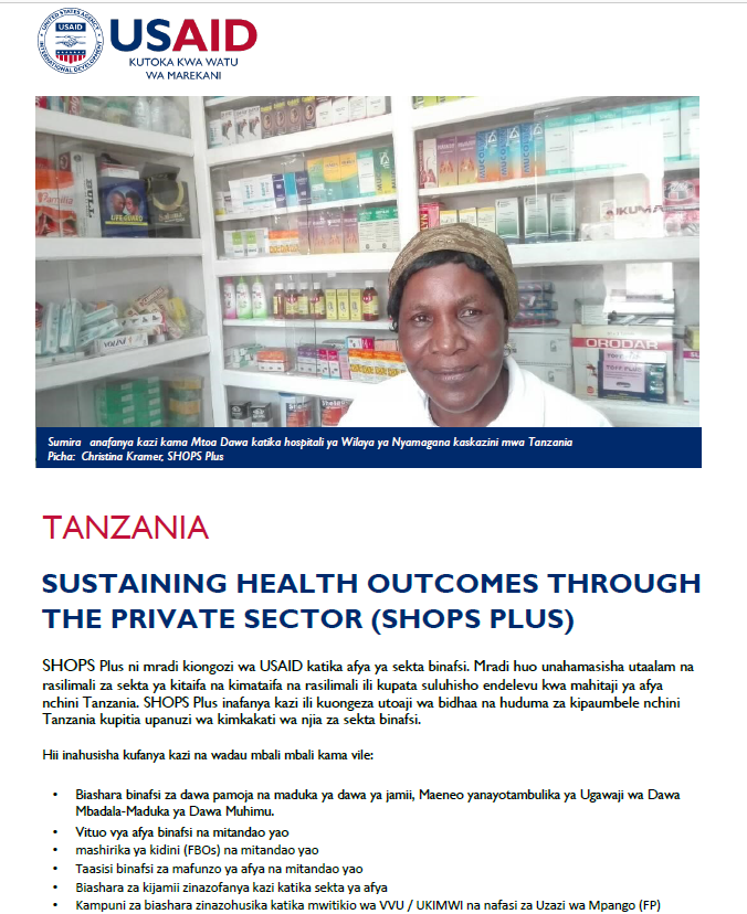 Taarifa ya Sustaining Health Outcomes through the Private Sector (SHOPS Plus)