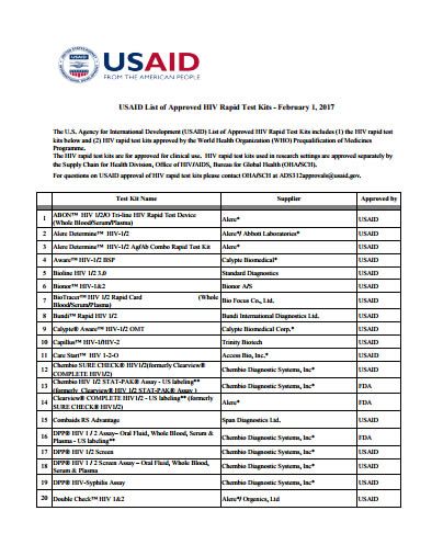 USAID List of Approved HIV and AIDS Rapid Test Kits