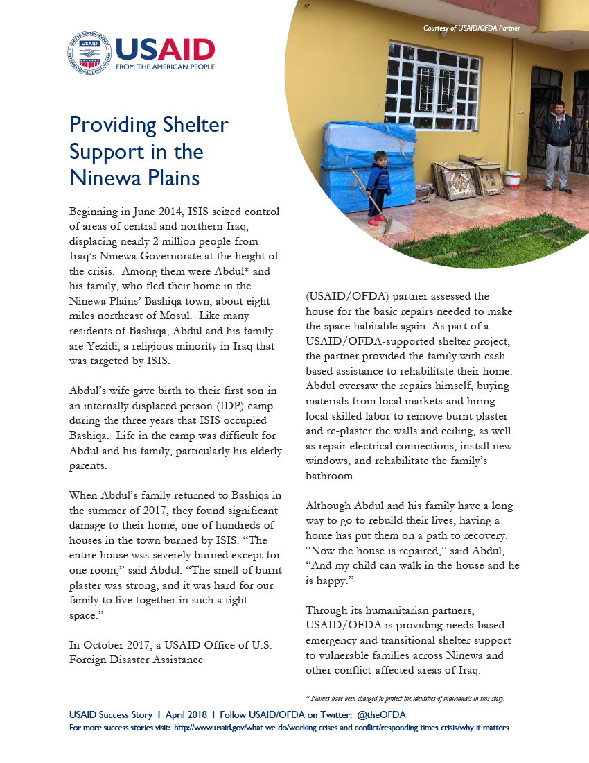 USAID/DCHA Success Story: Iraq - Providing Shelter Support in the Ninewa Plains